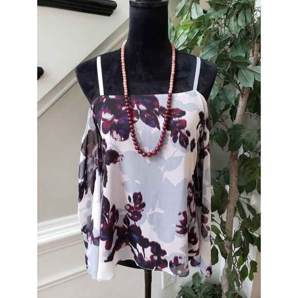 Rachel Roy Women's Beige Floral Polyester Square Neck Cold Shoulder Top Blouse M - Picture 1 of 12